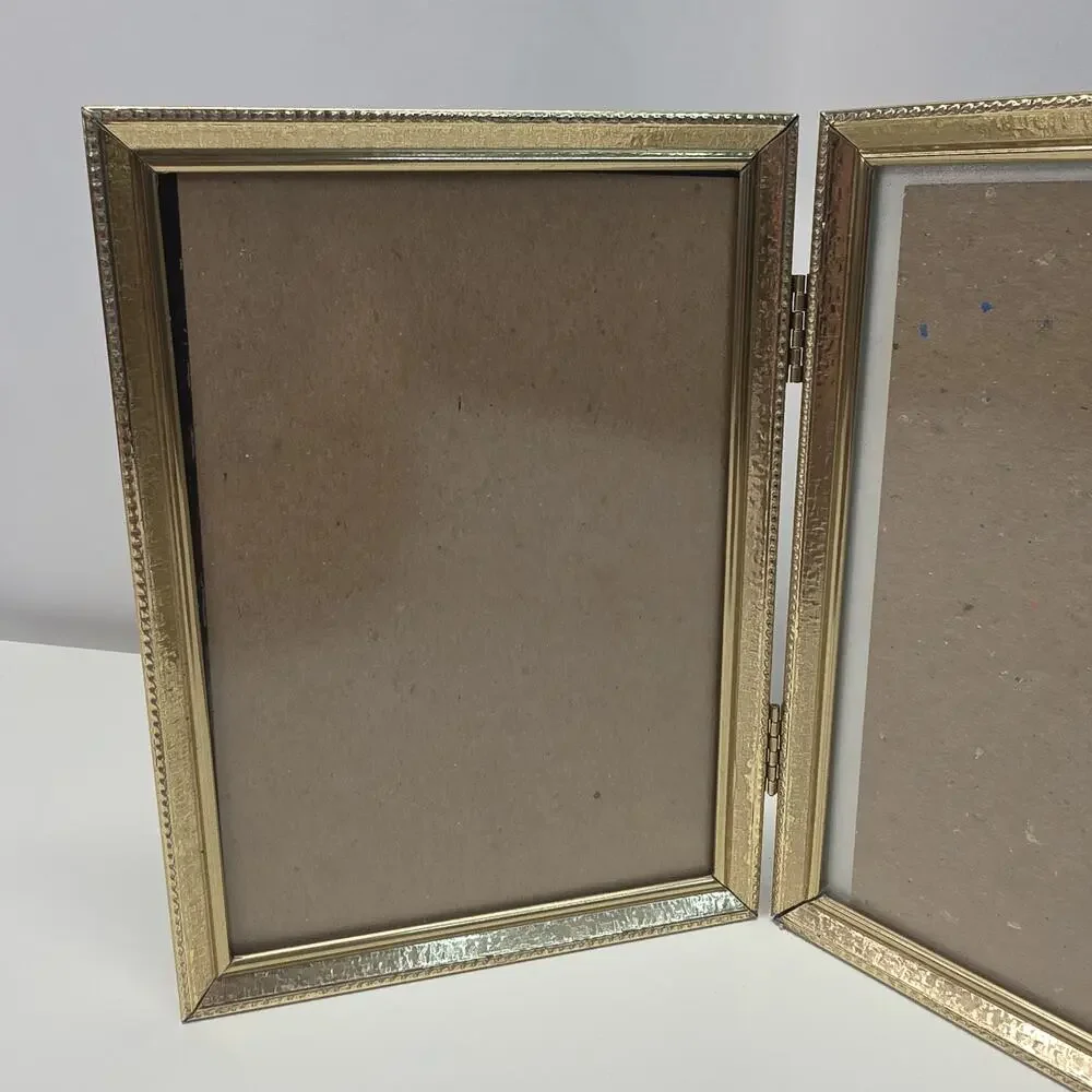 Vintage 80s Gold Tone Bi-fold Picture Frame Double 5x7